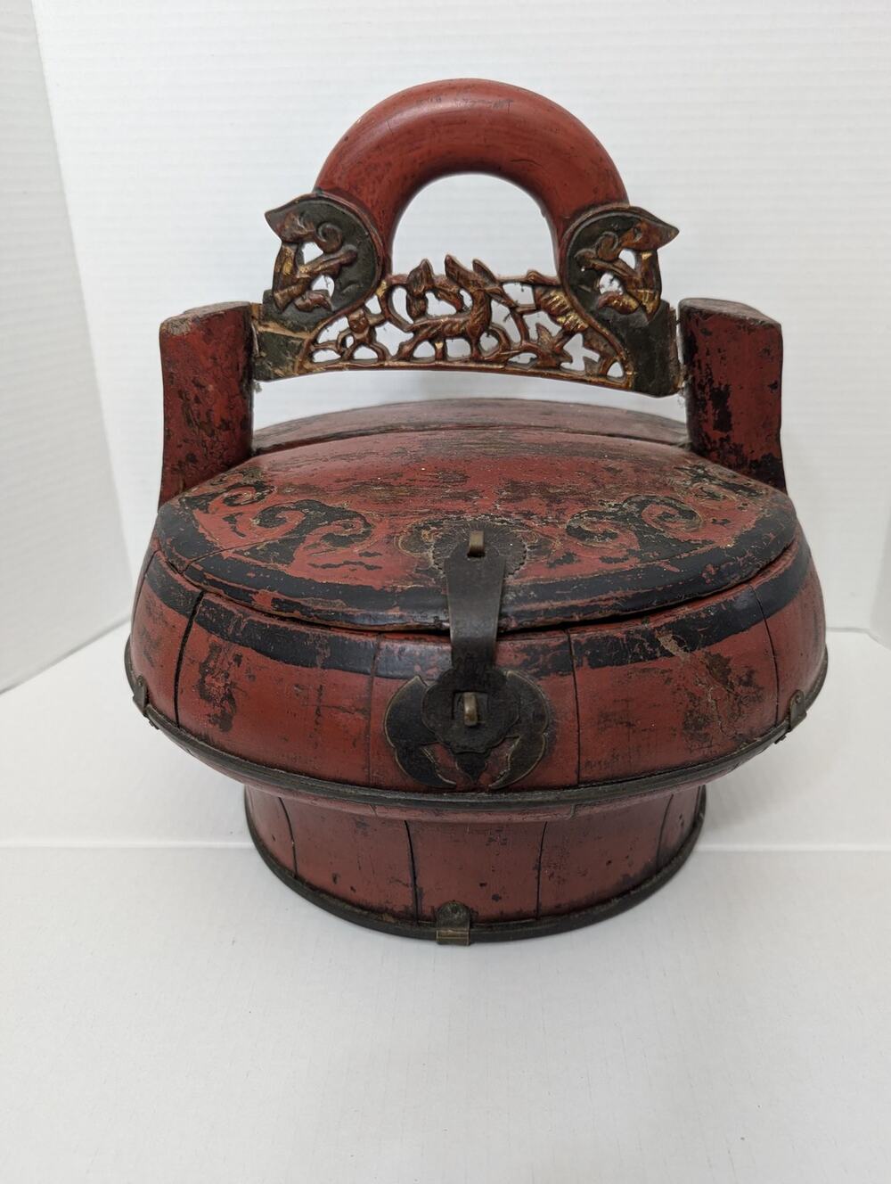 Antique Chinese Red Lacquer Wedding Basket Hand Carved Wood Dowry Box